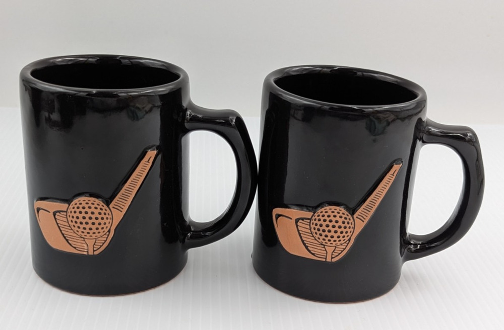 Frankoma Pottery Golf Coffee Mug Cup Set of 2 Mugs Black Brown
